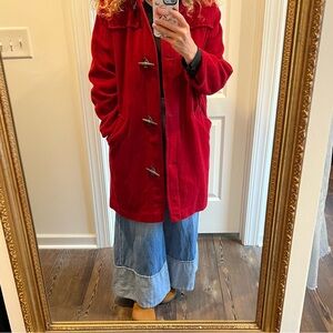 LL BEAN Red Wool Hooded Coat Flannel Plaid Lined Toggle Closure Size 8